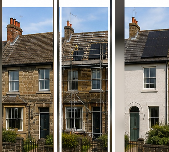 Illustrative example of a solar installation on a Newcastle upon Tyne home, before, during and after